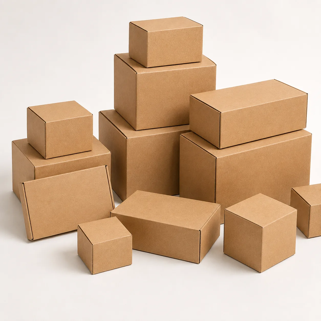 Representative corrugated ecommerce boxes in multiple sizes